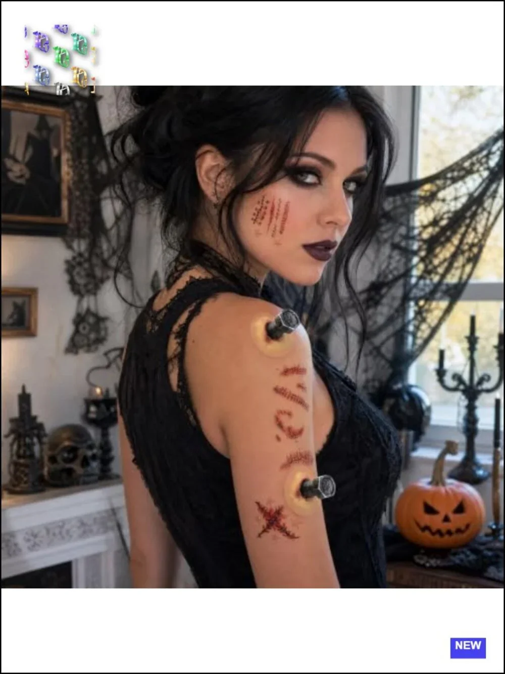 Halloween Neck Bolt Prosthetics Set w/ Tattoos - Scary Monster Costume Accessory